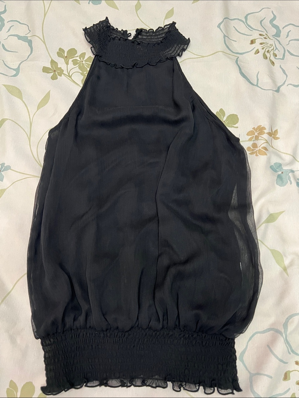 Black Smocked-Hem Halter Top